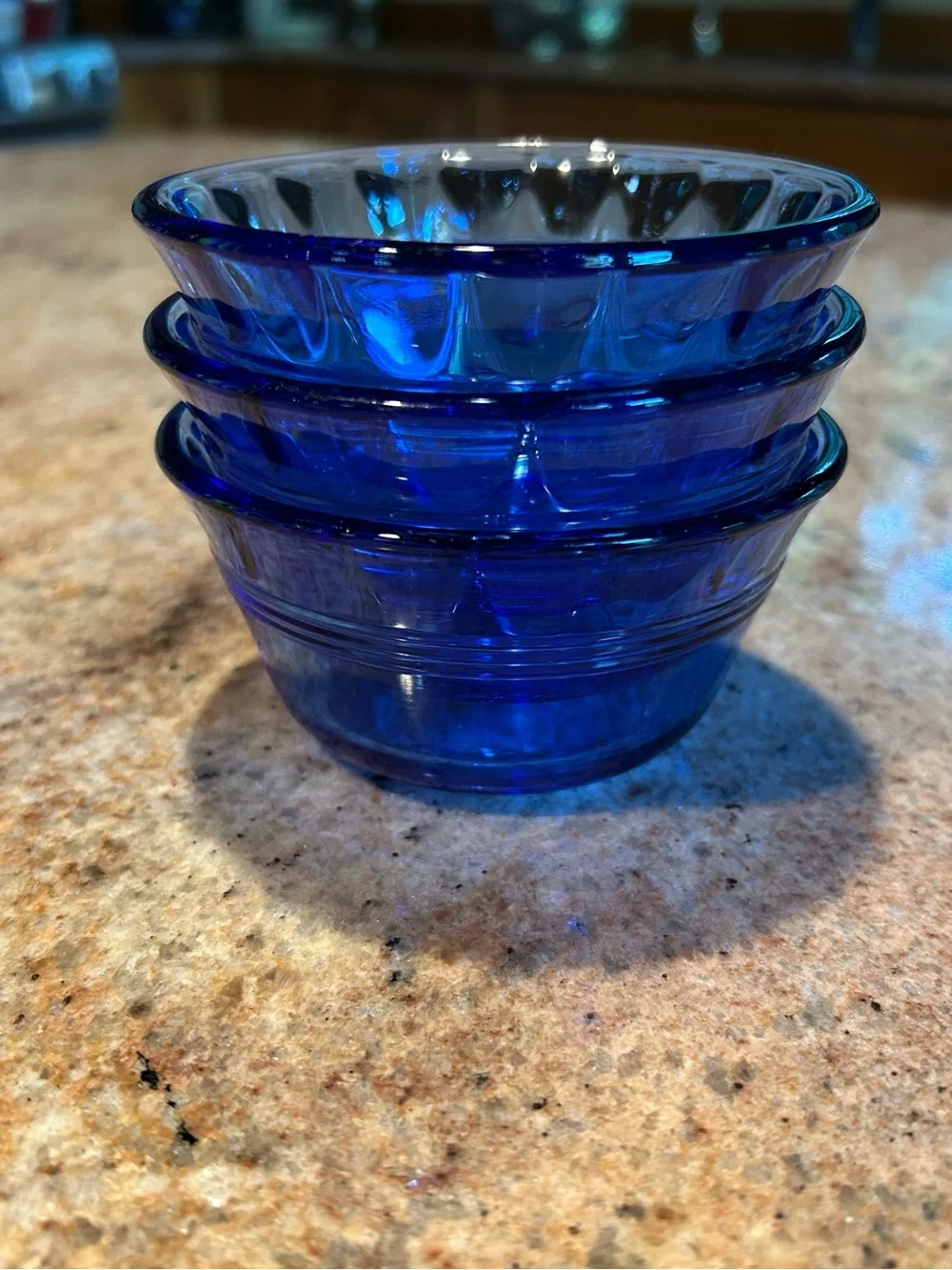 Pyrex #463 Cobalt Blue Glass Custard Cups 6 oz w/Scalloped Edge. Set of (3).